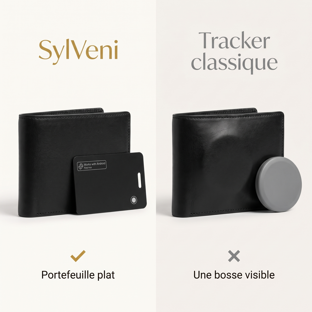 Portefeuille plat avec SylVeni contre une bosse visible avec un tracker classique