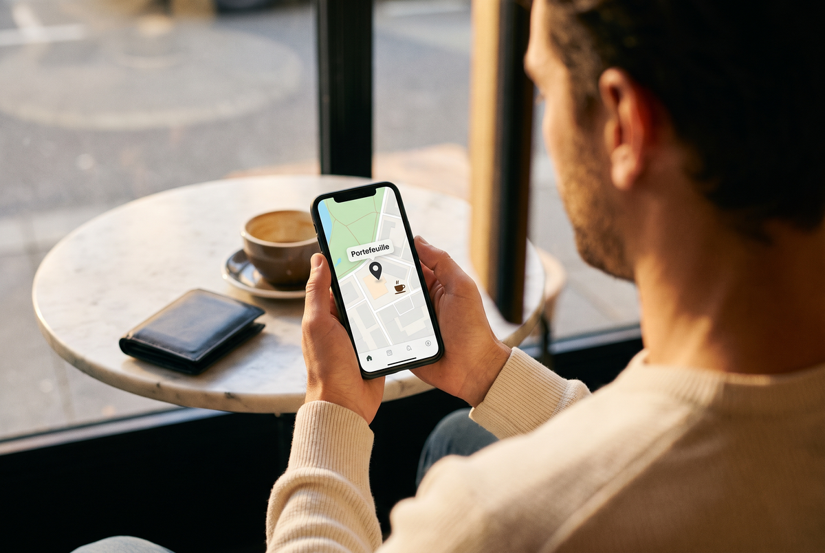 Téléphone qui localise le portefeuille resté au café